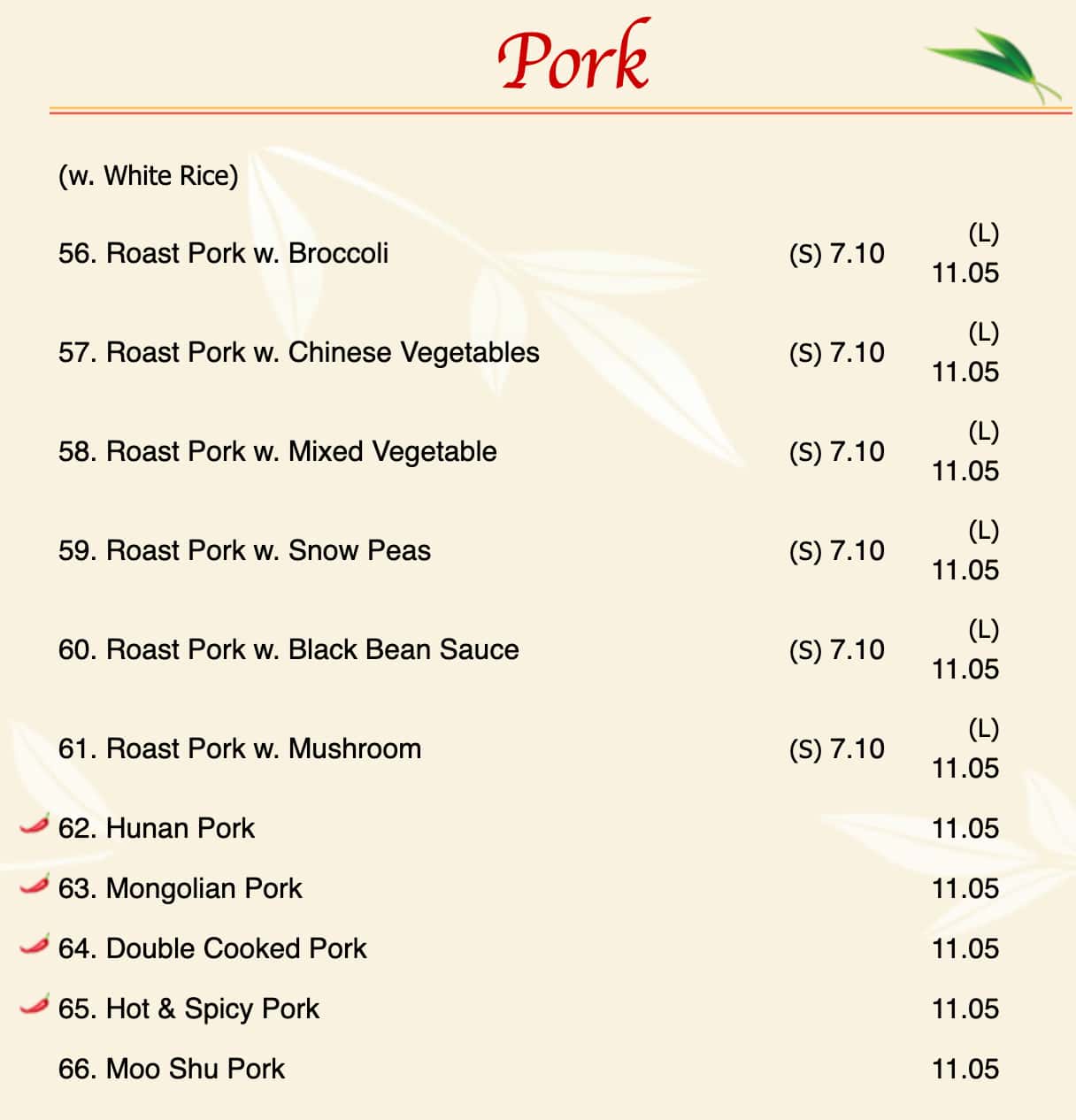 Golden City Chinese Restaurant Pork Menu