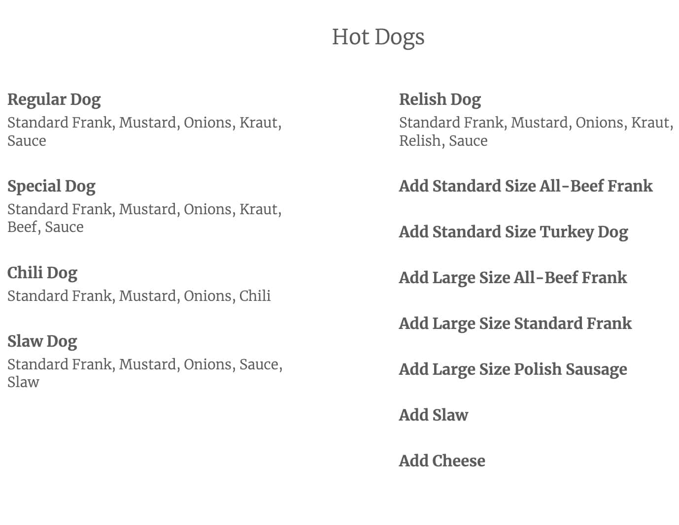 Gus's Hot Dogs Hot Dog Menu