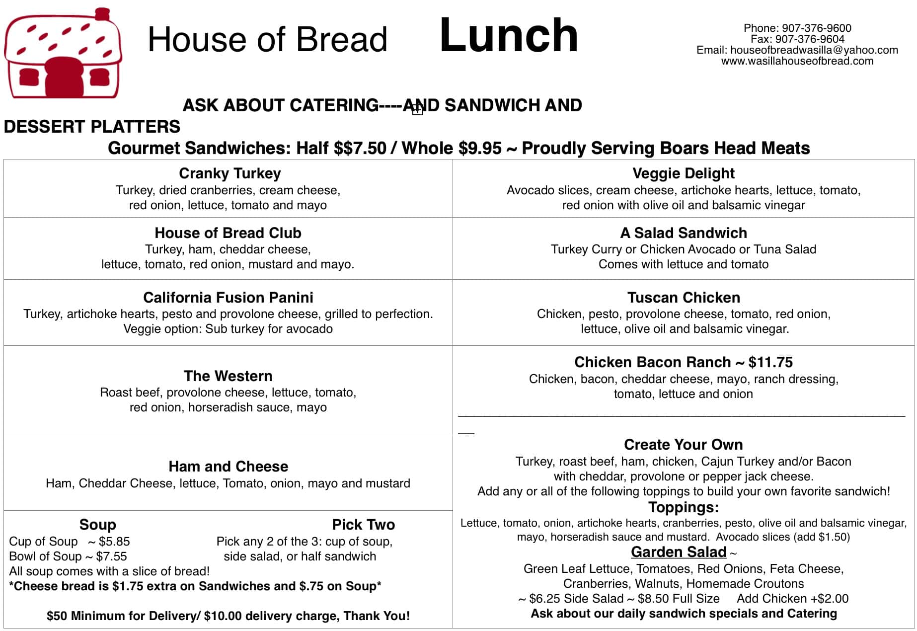 House of Bread Lunch Menu