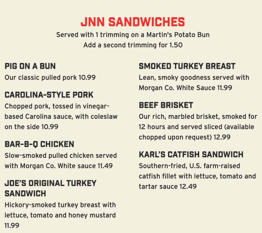 Jim 'N Nick's Sandwich Menu
