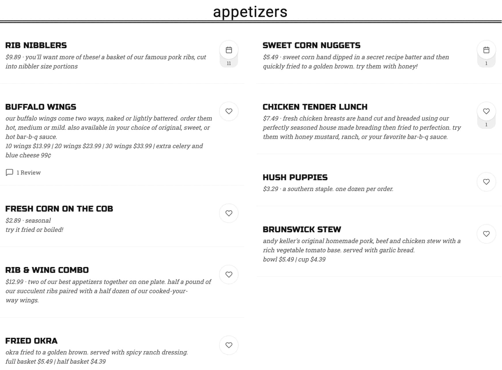 Keller's Bar-B-Q Appetizers Menu