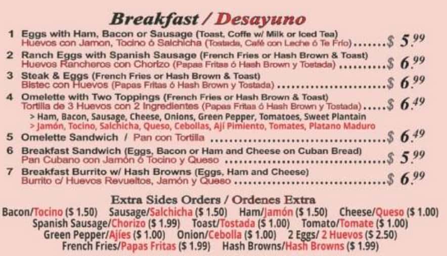 Las Delicias Ranch Cafeteria Breakfast Menu