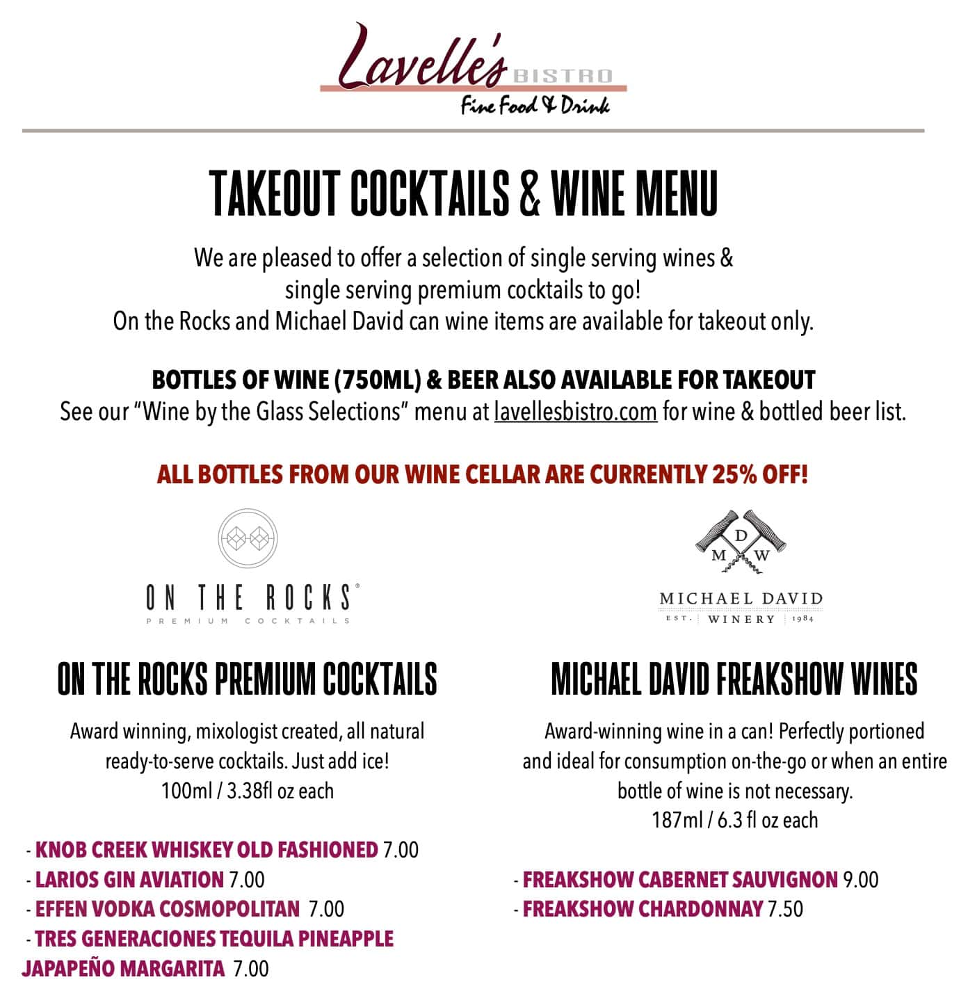 Lavelle's Bistro Takeout Cocktails and Wine Menu