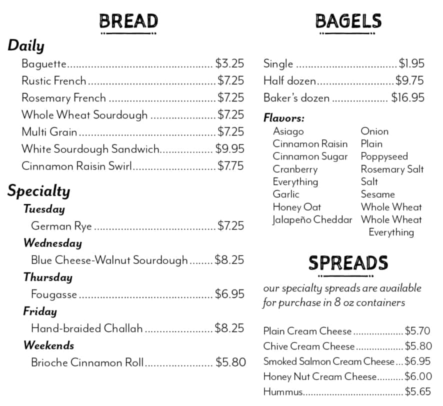 LuLu's Bread and Bagels Bread, Bagels and Spreads Menu