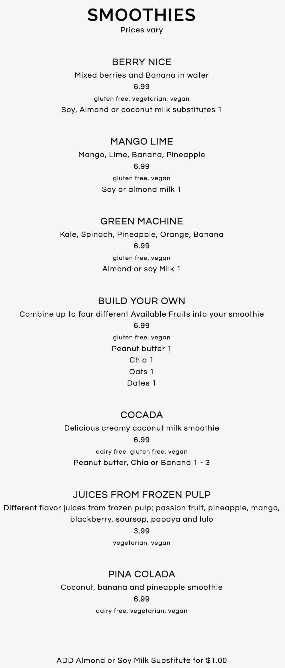 Norma's plant based cuisine Smoothies Menu