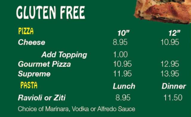 Palace Pizza Gluten Free Menu