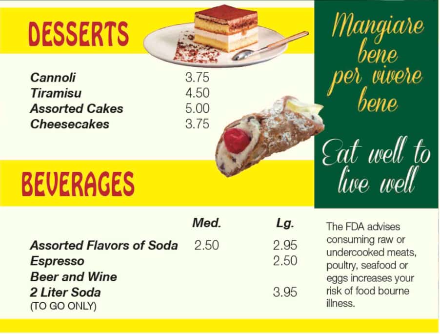Palace Pizza Desserts and Beverages Menu