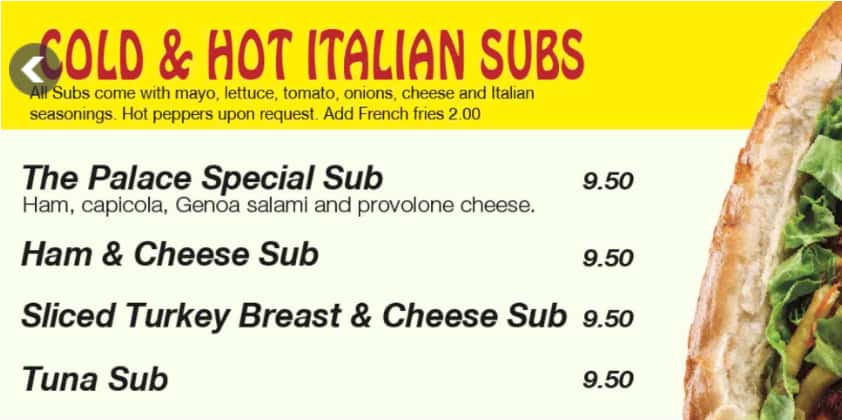 Palace Pizza Cold and Hot Italian Subs Menu