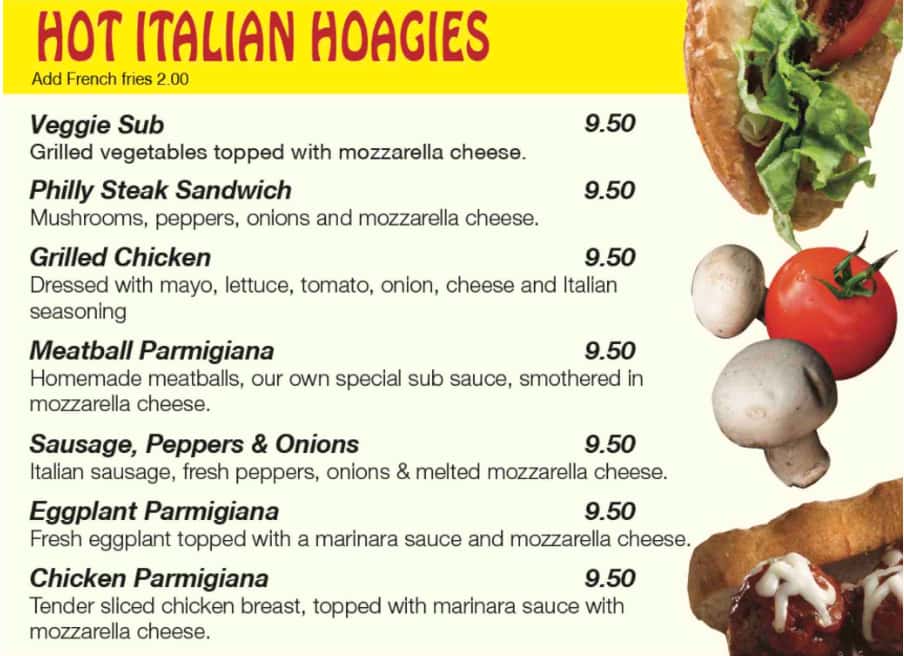 Palace Pizza Hot Italian Hoagies Menu