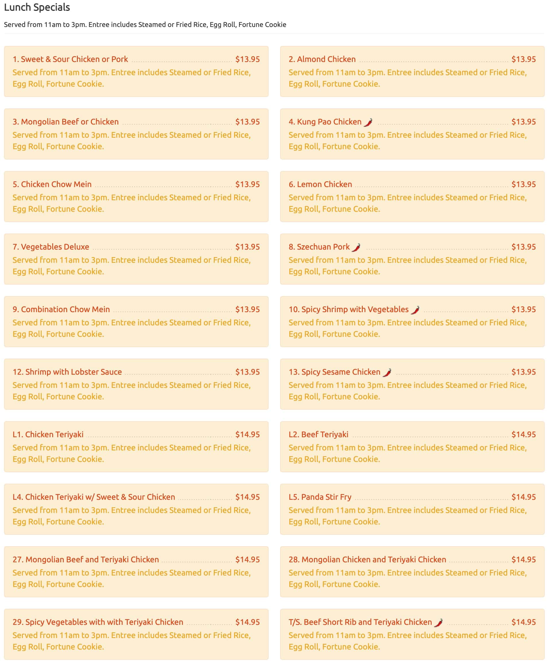 Panda Chinese Restaurant Lunch Specials Menu