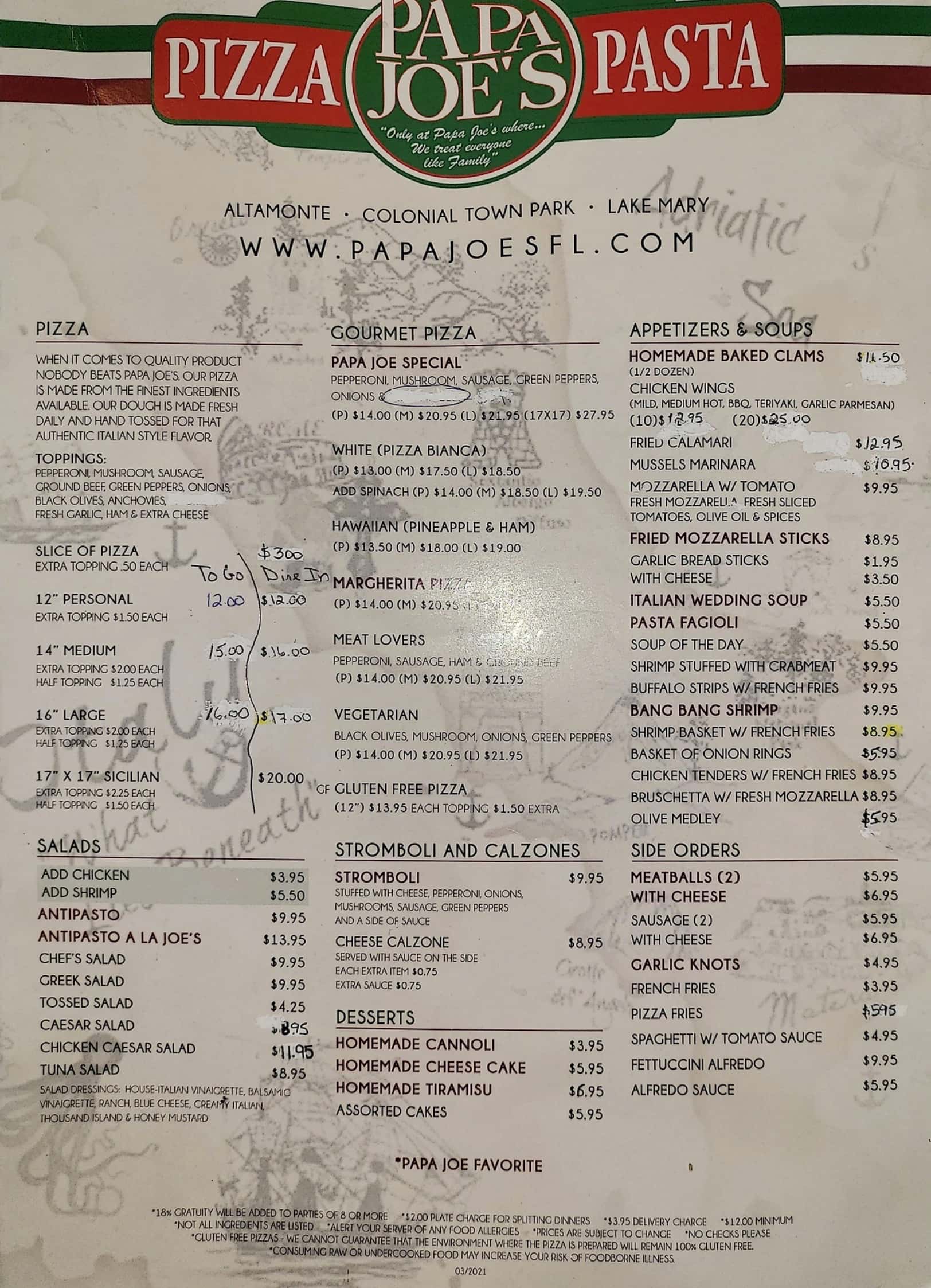 Papa Joe's Pizza & Italian Restaurant Main Menu