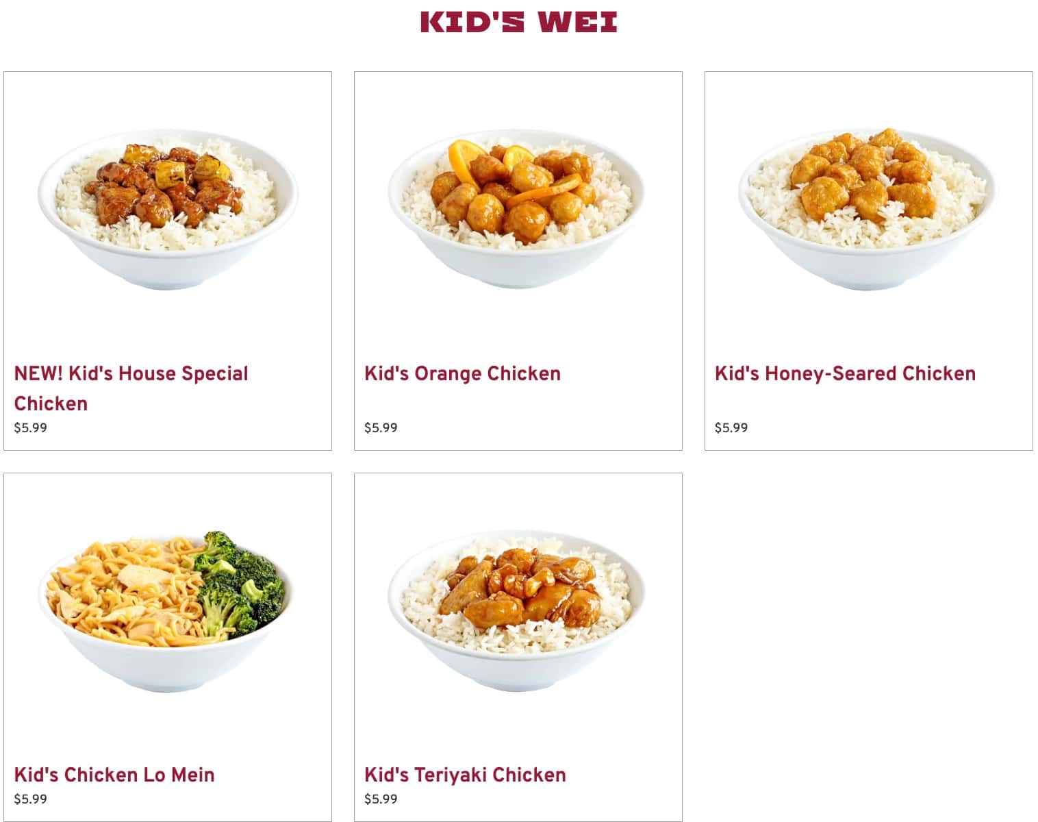 Pei Wei Asian Kitchen Kids Wei Menu