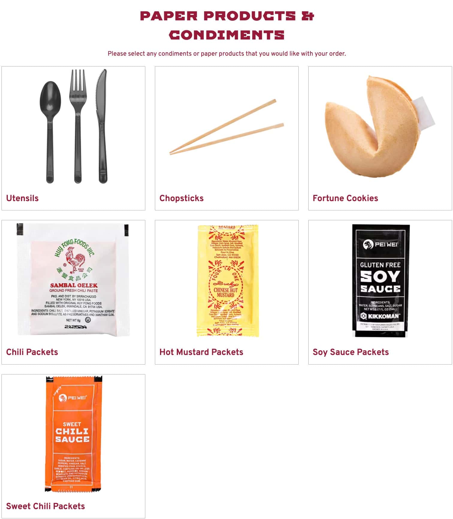 Pei Wei Asian Kitchen Paper Products and Condiments Menu