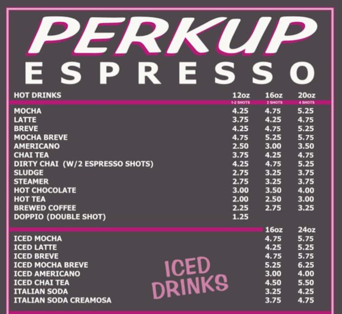 Perkup Espresso Drink Menu
