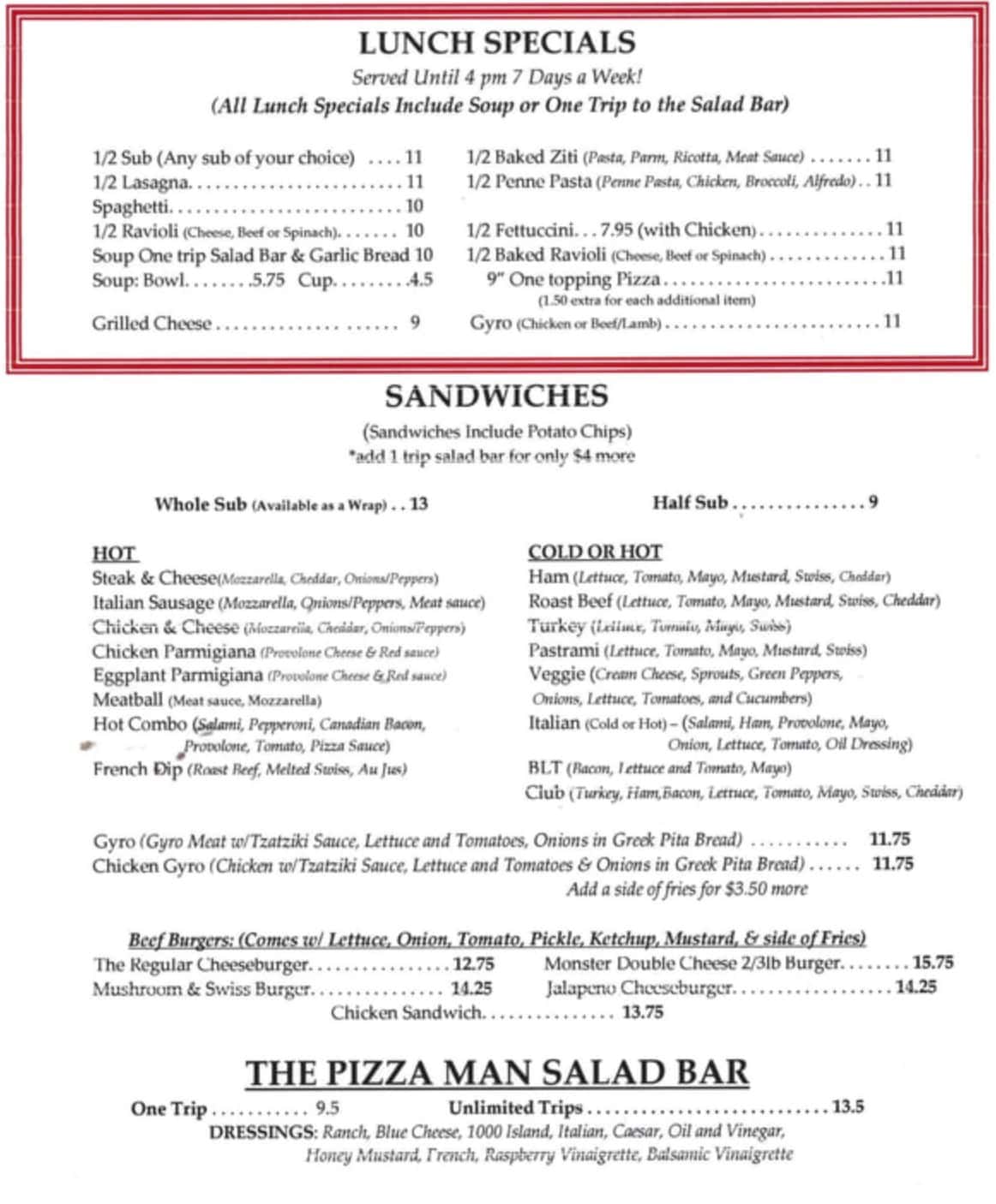 Pizza Man Lunch Specials, Subs and Salad Bar Menu