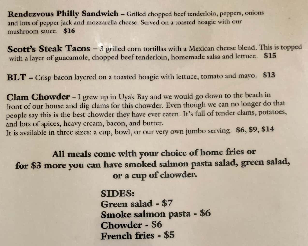 Rendezvous Bar & Grill Main Menu