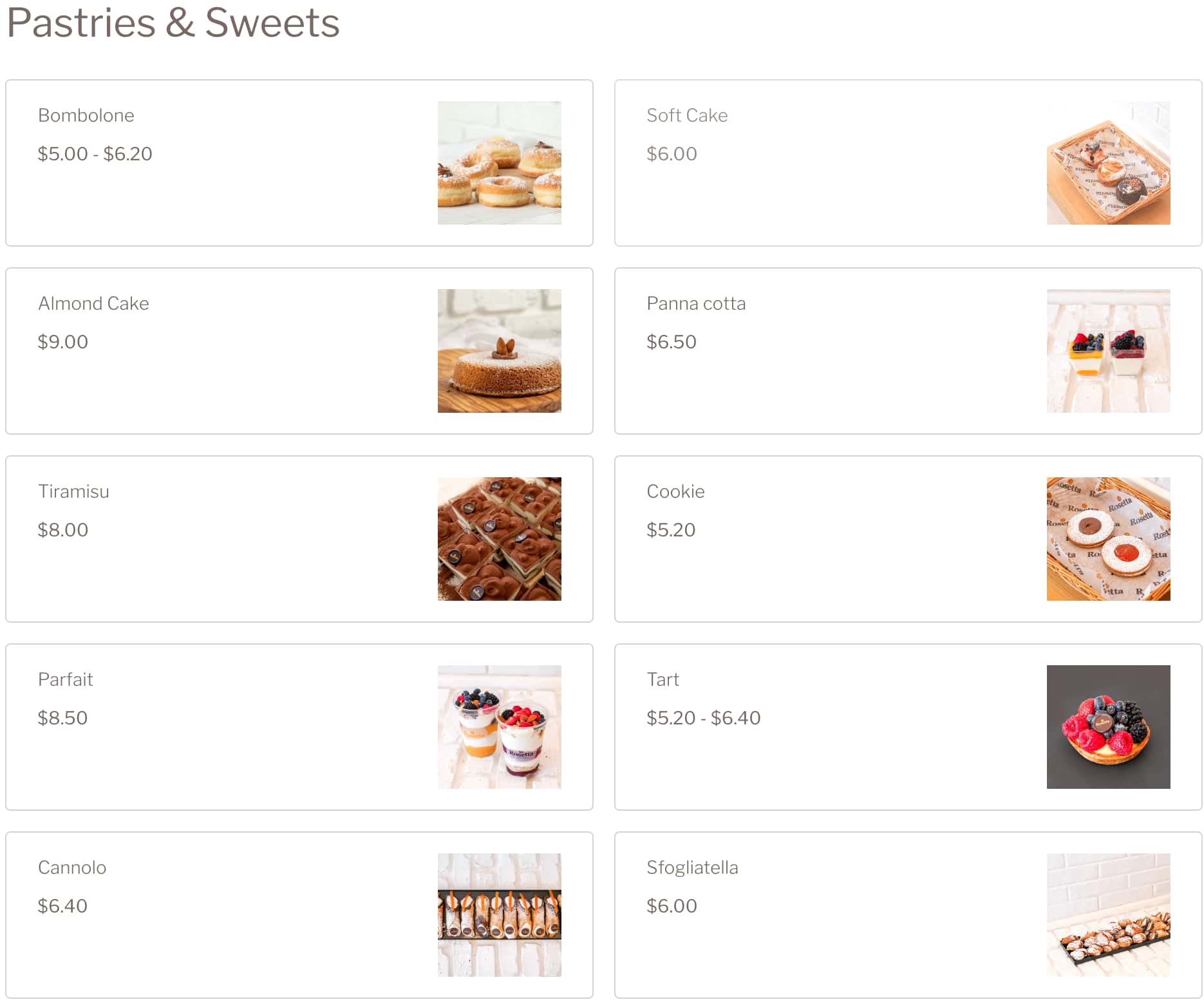 Rosetta Bakery Pastries and Sweets Menu