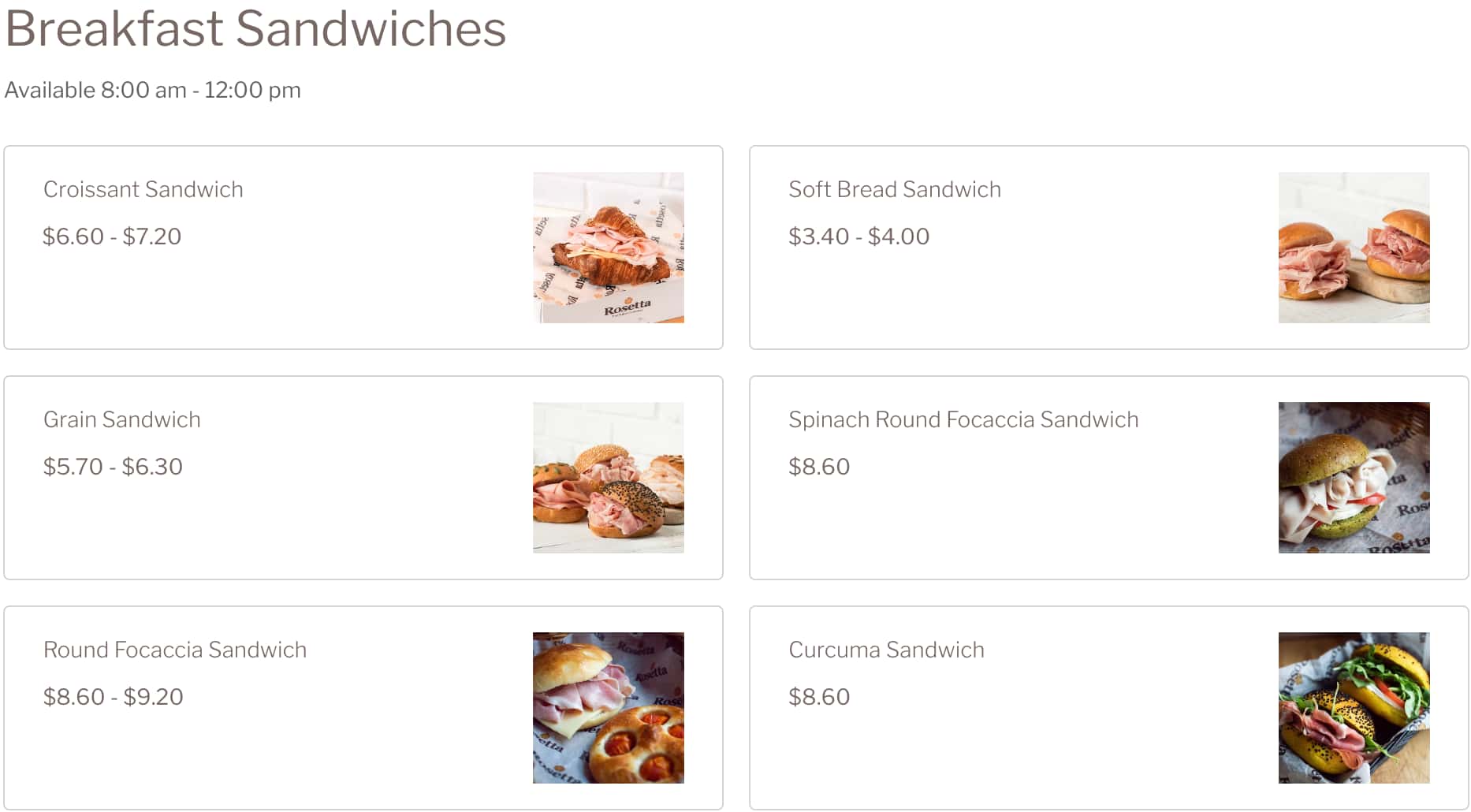 Rosetta Bakery Breakfast Sandwiches Menu