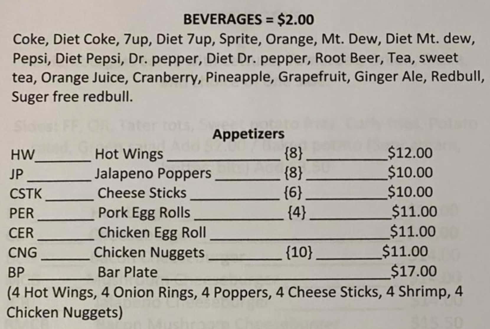 Silver Fox Inn Beverages and Appetizers Menu