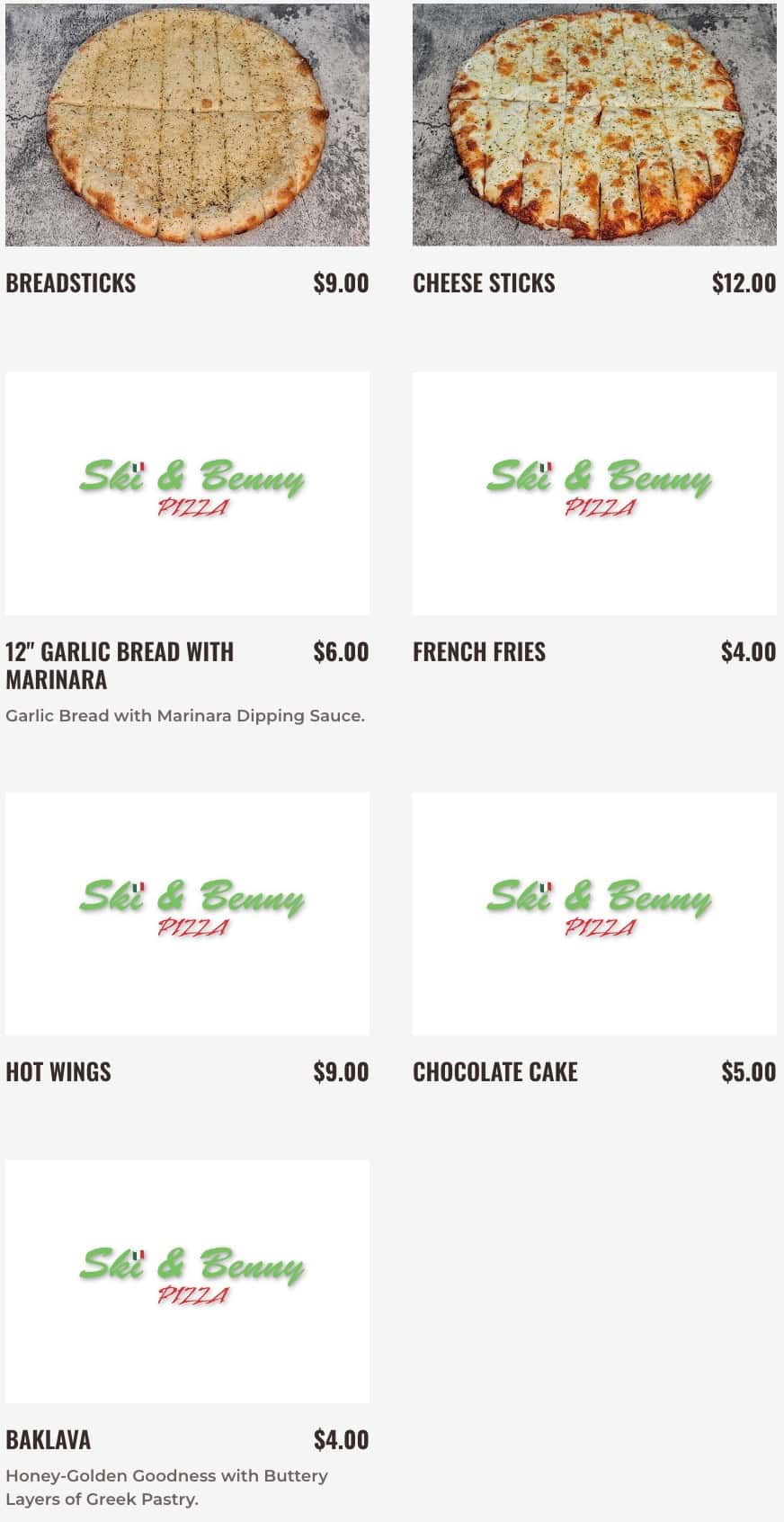 Ski & Benny Pizza Sides & Desserts Menu