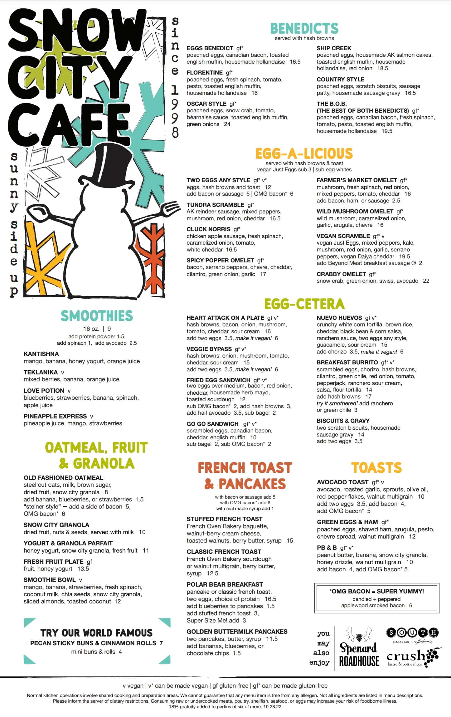 Snow City Cafe Breakfast and Lunch Menu