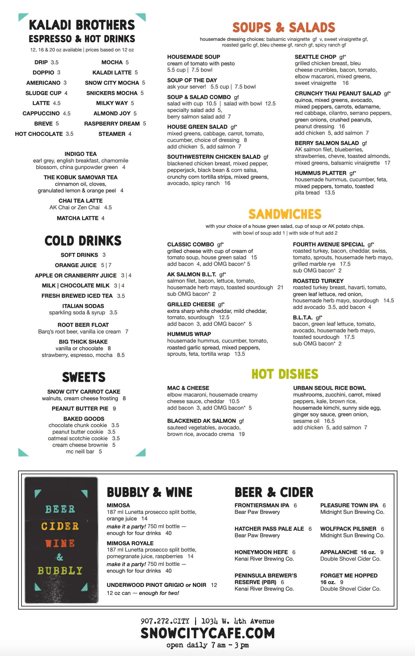 Snow City Cafe Breakfast and Lunch Menu