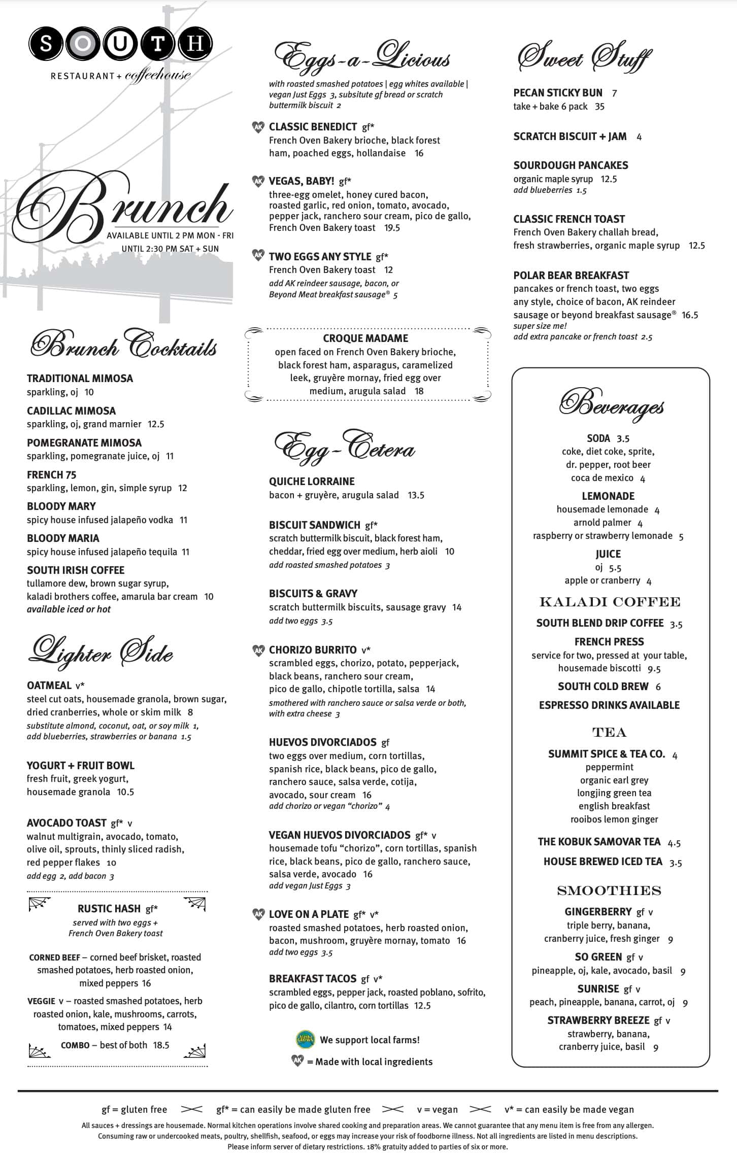 South Restaurant and Coffeehouse Brunch Menu