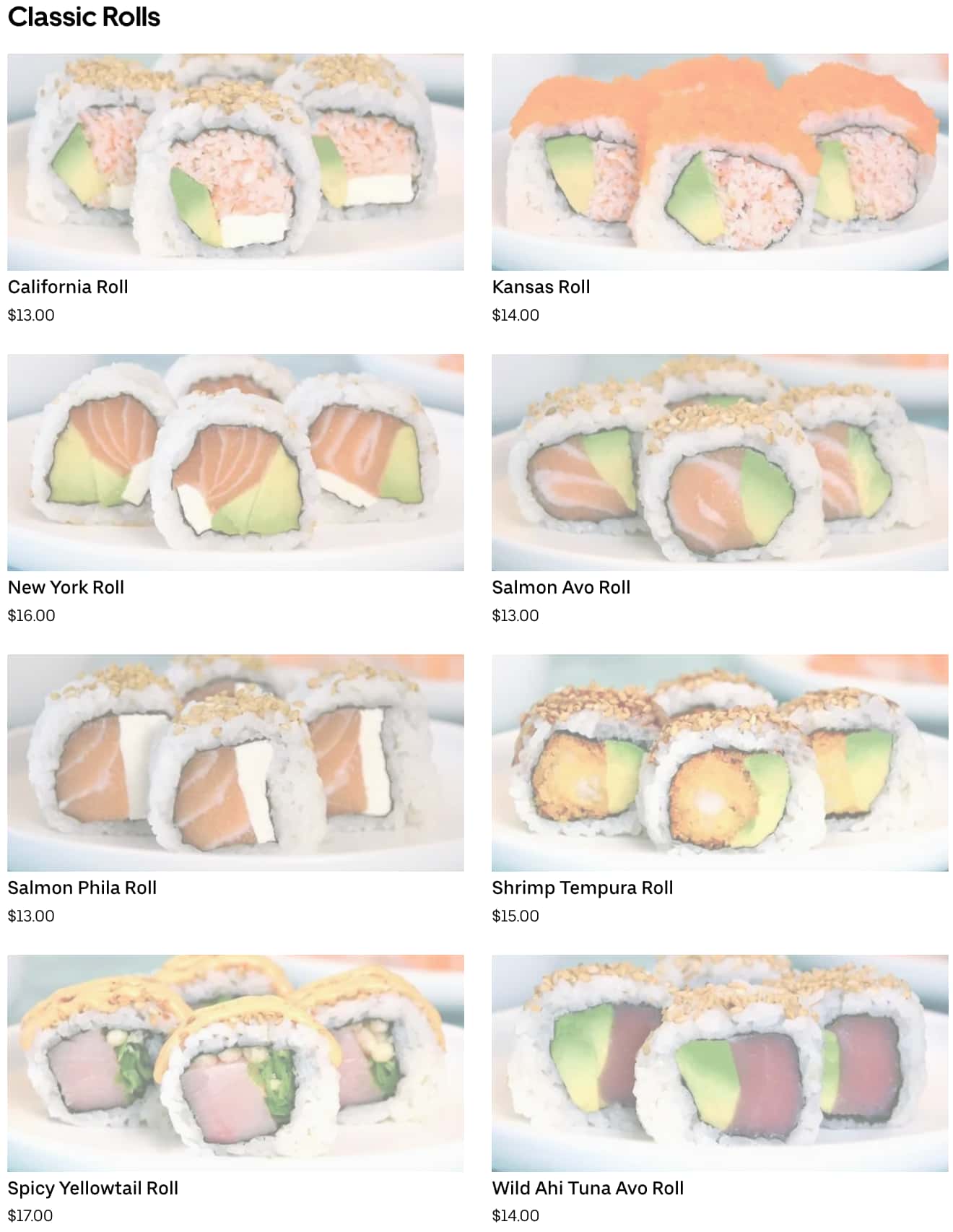 Sushi MAS Classic Rolls Menu