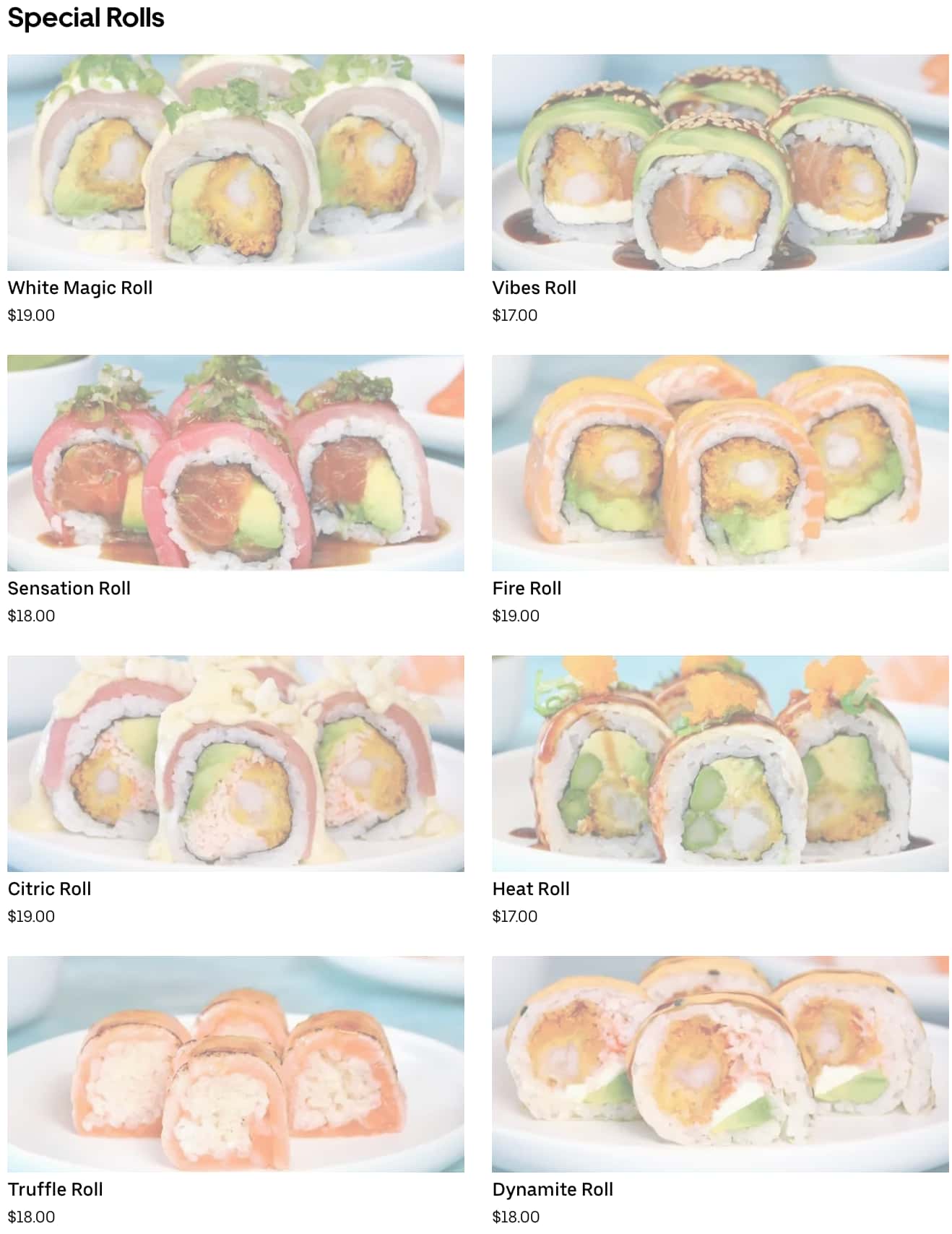 Sushi MAS Special Rolls Menu