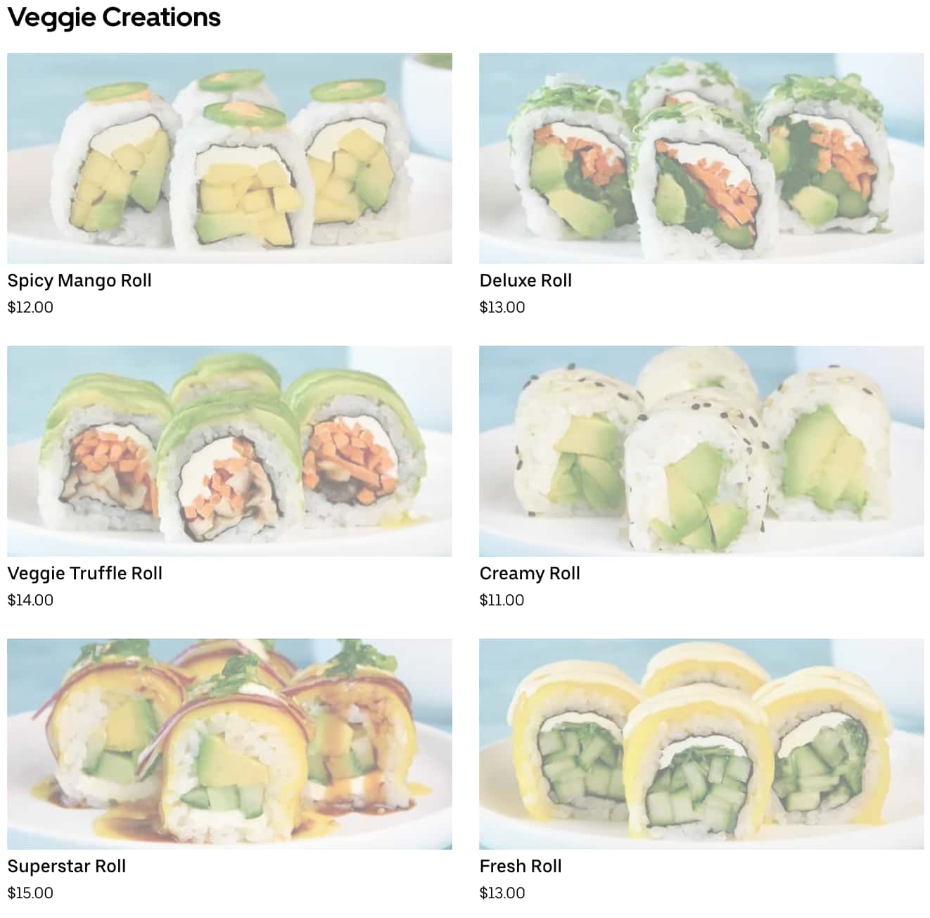 Sushi MAS Veggie Creations Menu