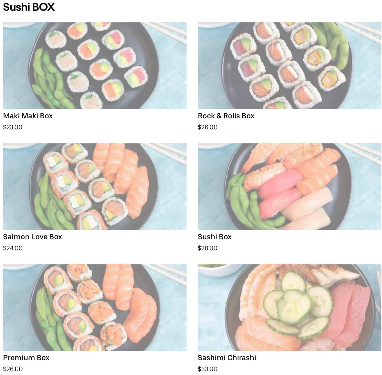 Sushi MAS Sushi Box Menu