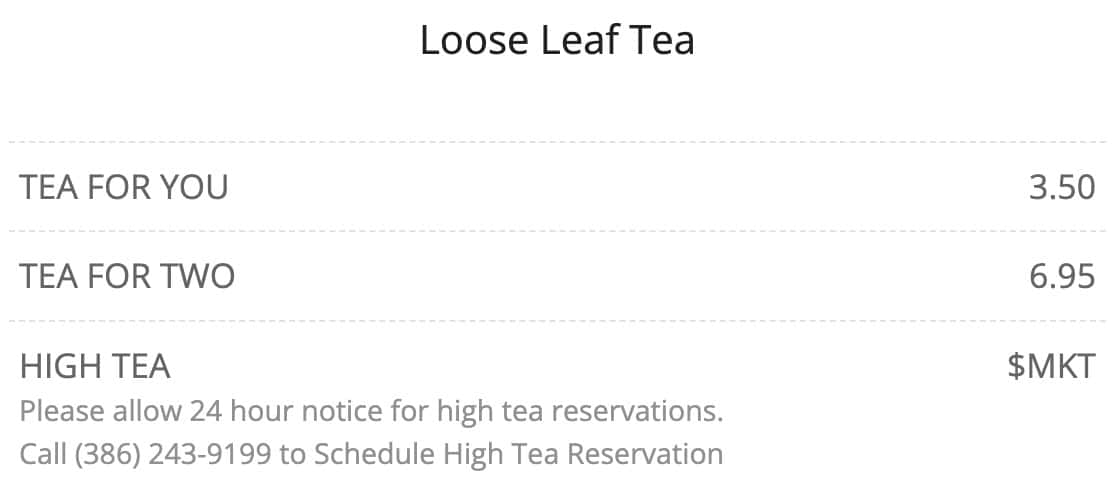 Teatime Tranquility & Treasures Loose Leaf Tea Menu