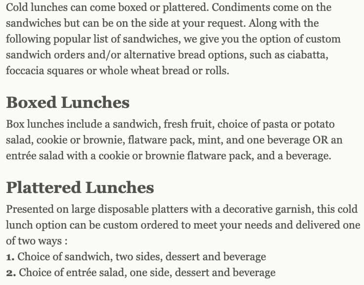 Terrie Lobb Catering Cold Lunch Menu