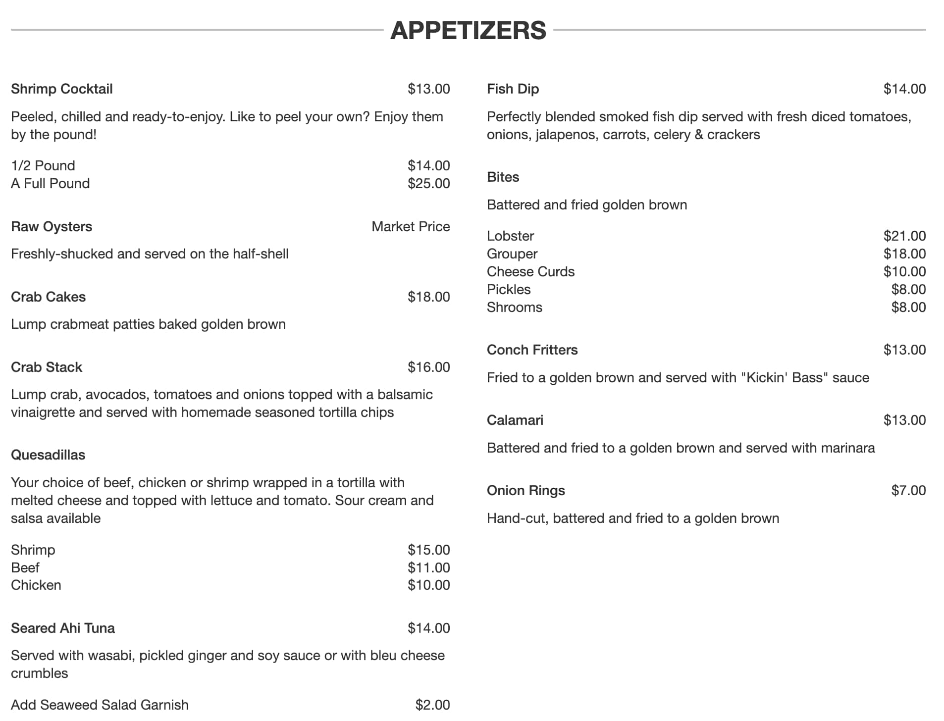 The Crooked Bass Grill and Tavern Appetizers Menu