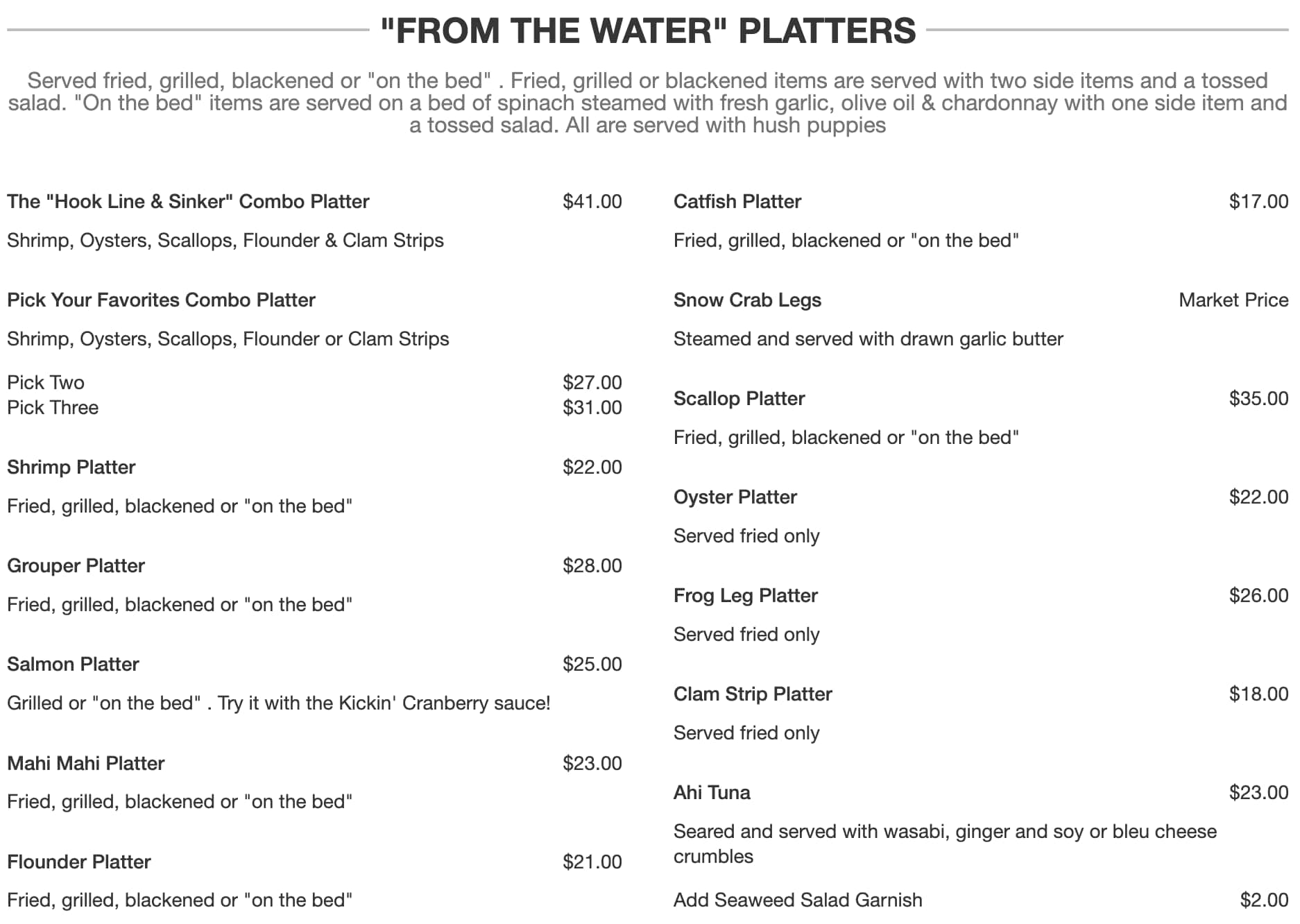 The Crooked Bass Grill and Tavern From The Water Platters Menu