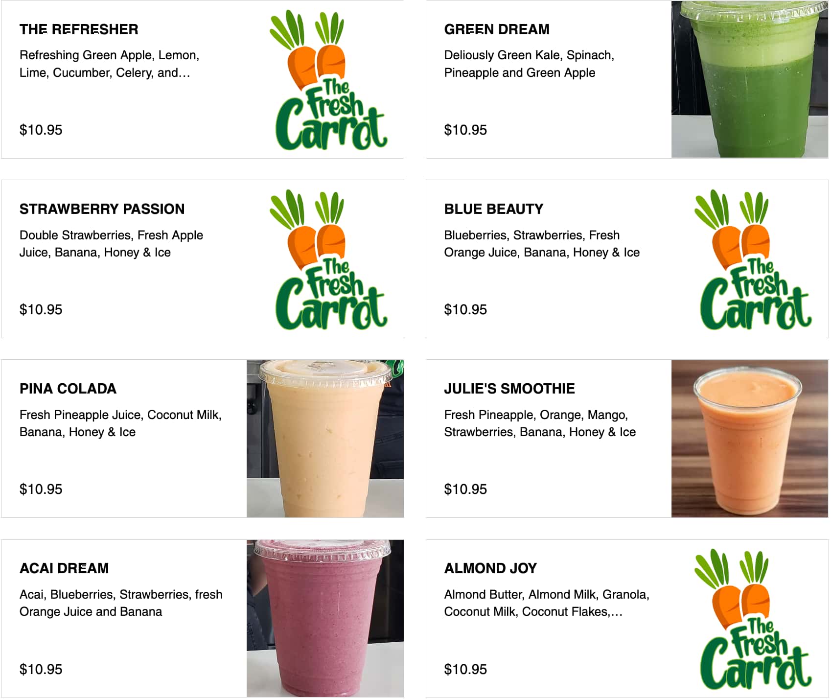 The Fresh Carrot Fresh Juices and Smoothies Menu