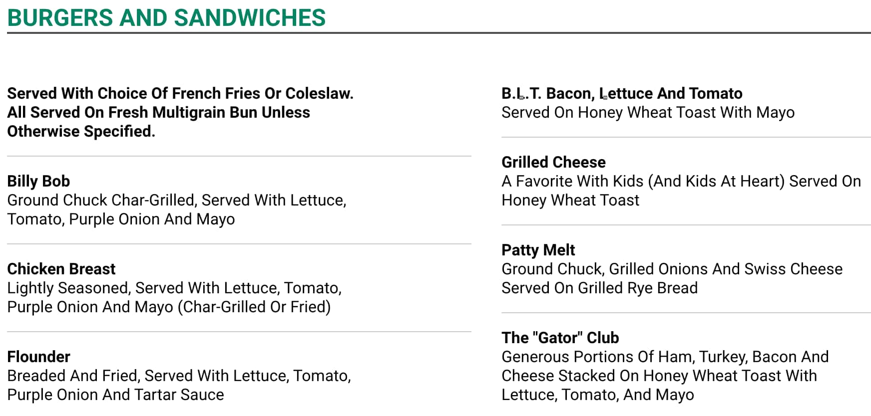 The Gator Cafe Burgers and Sandwiches Menu