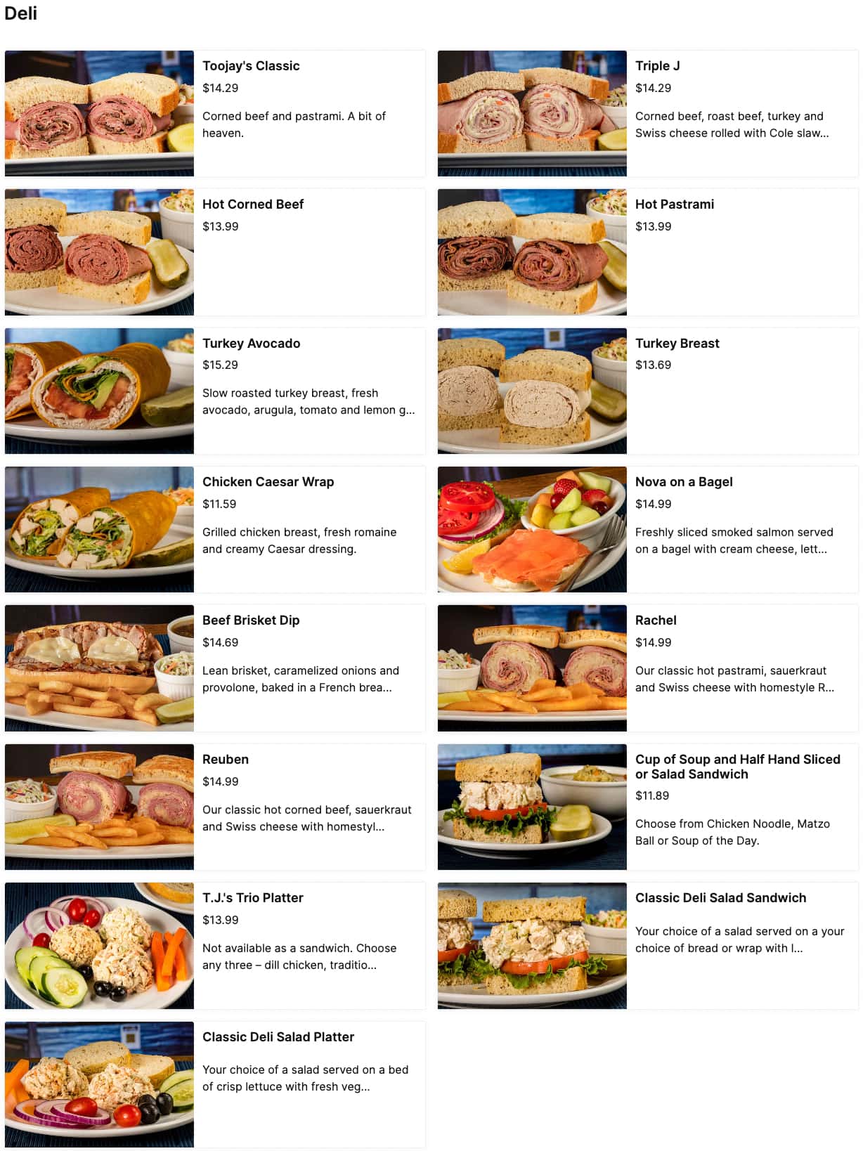 TooJay's Deli Bakery Restaurant Deli Menu