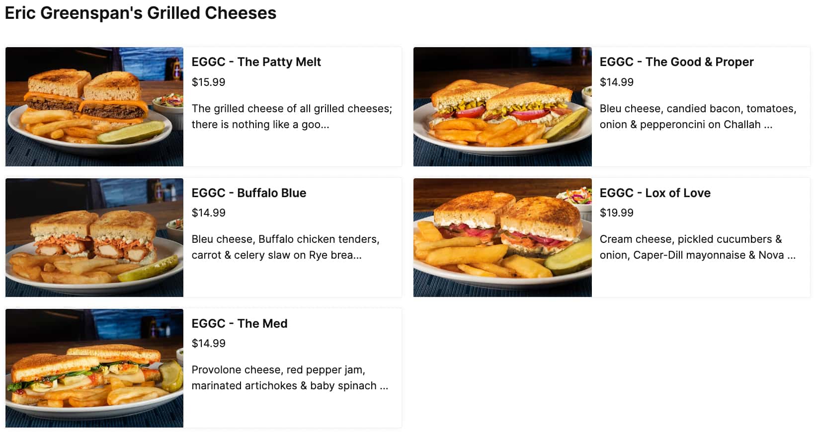 TooJay's Deli Bakery Restaurant Grilled Cheese Menu