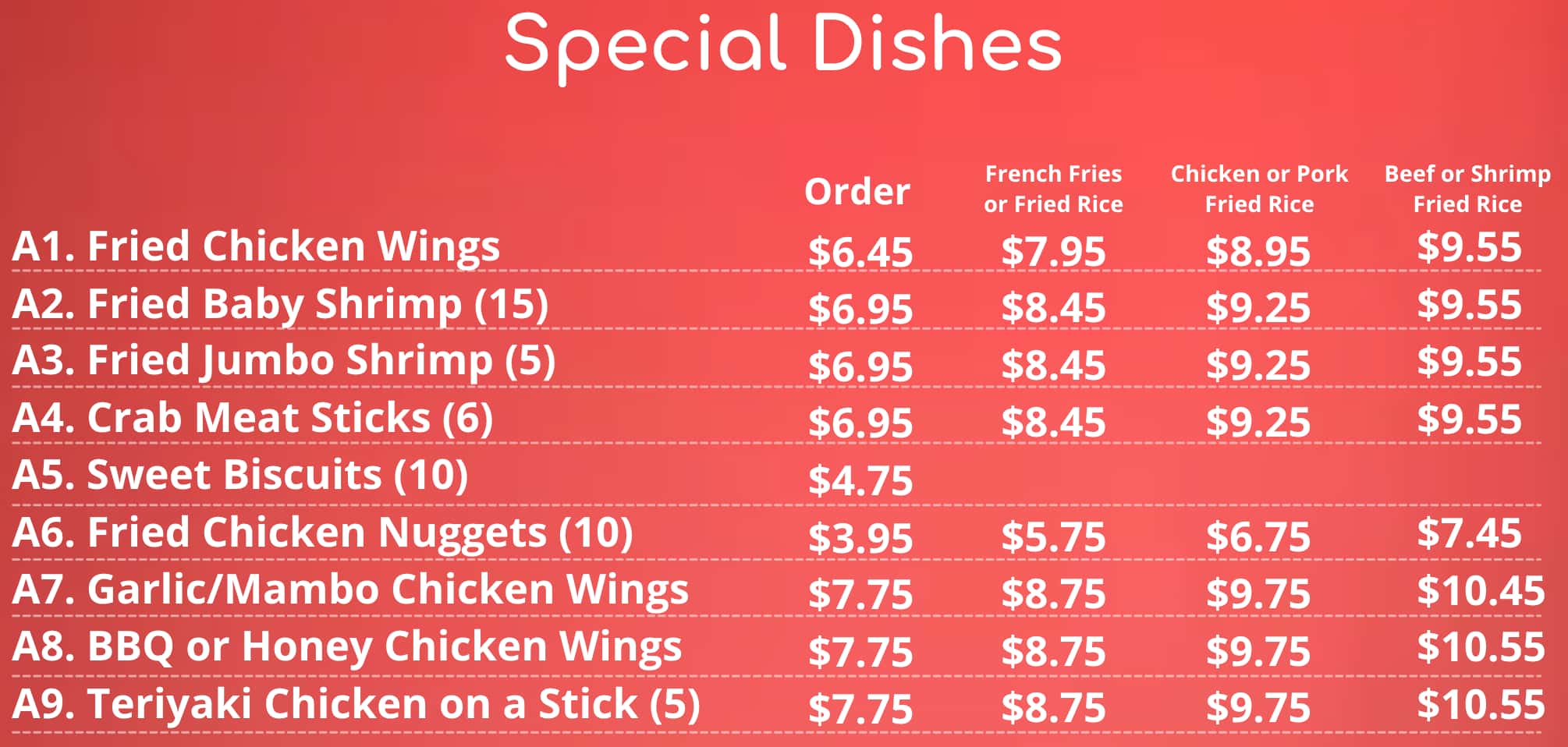 Yums Chinese Food Special Dishes Menu