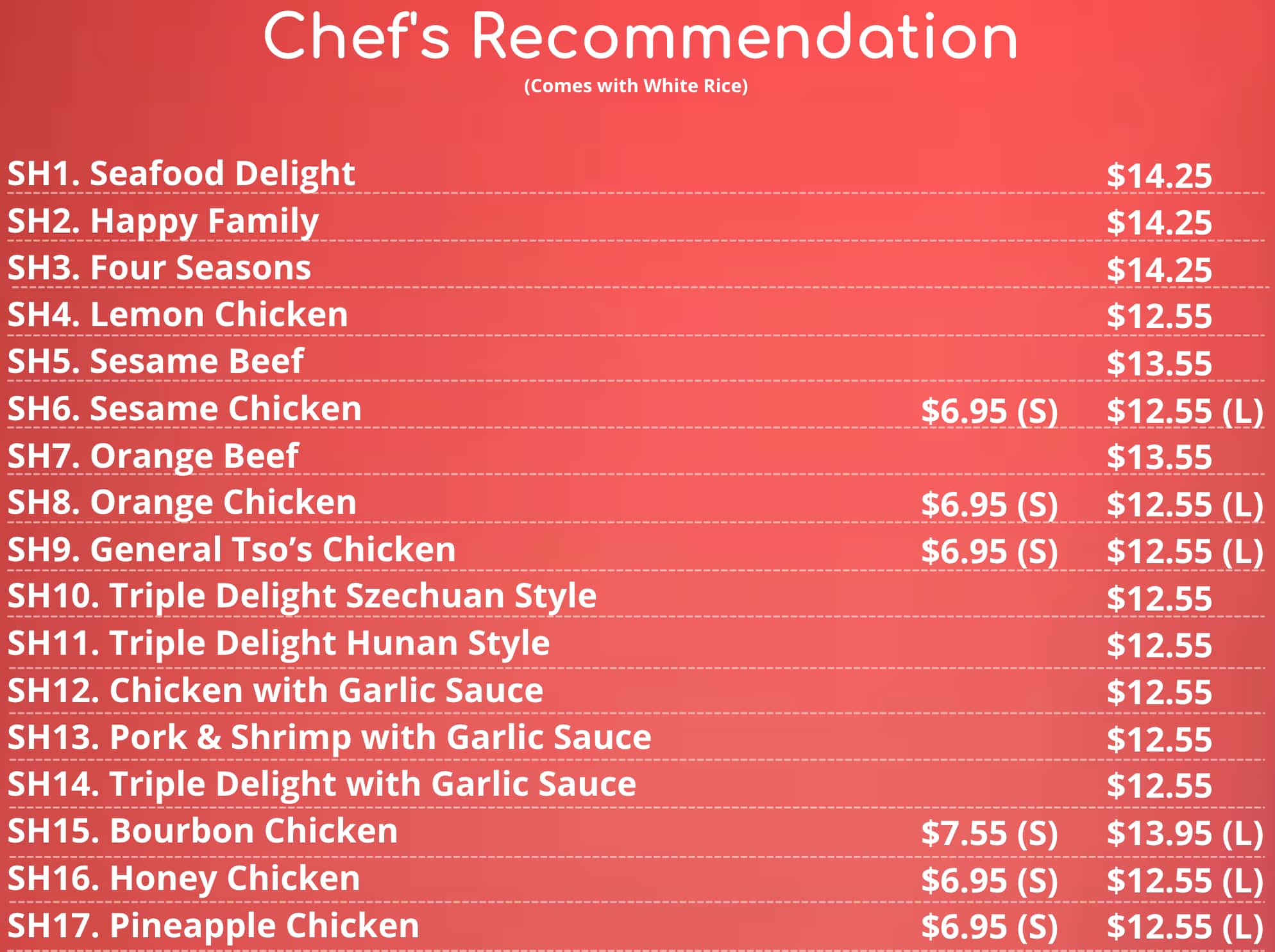 Yums Chinese Food Chefs Recommendation Menu