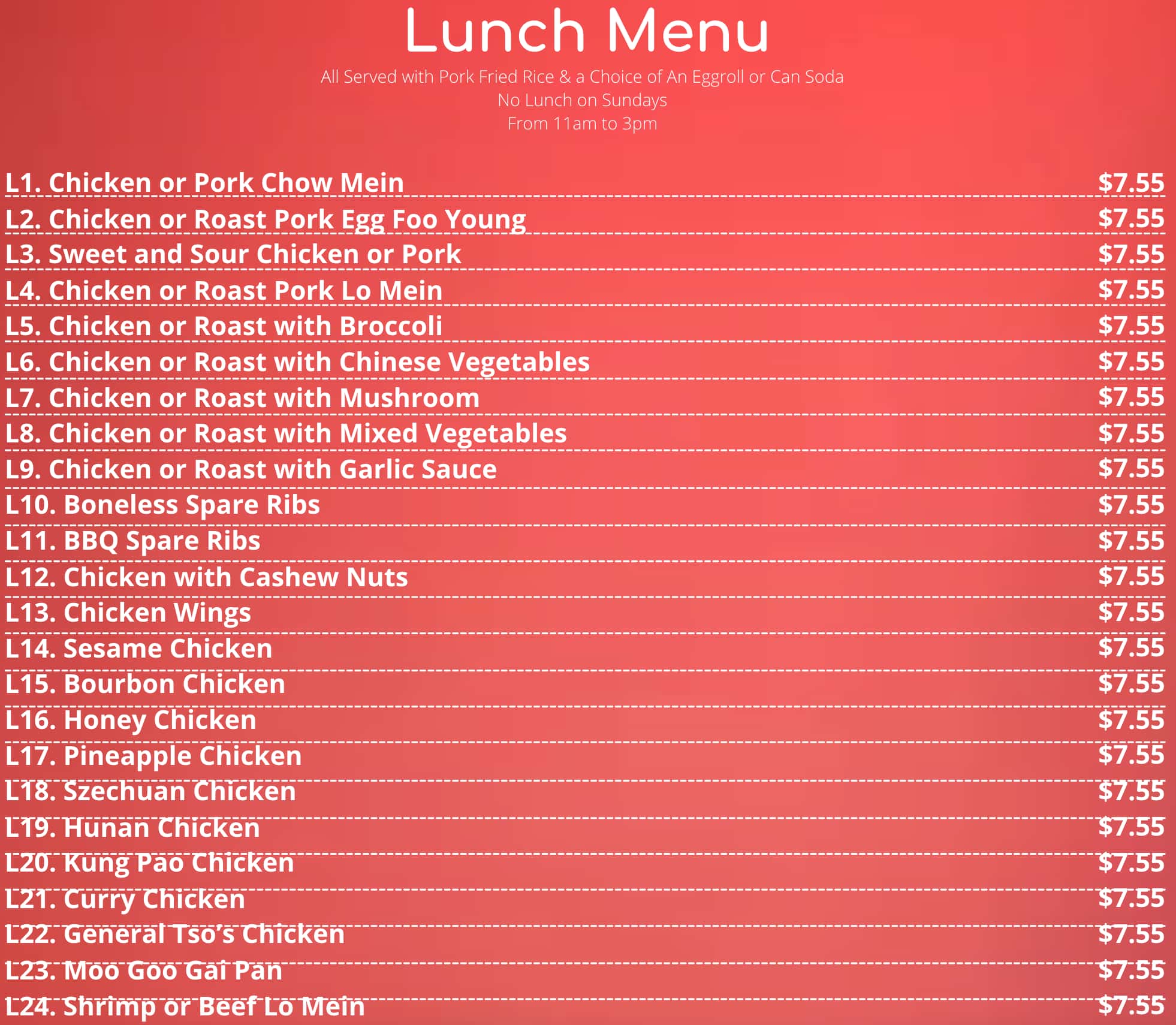 Yums Chinese Food Lunch Menu