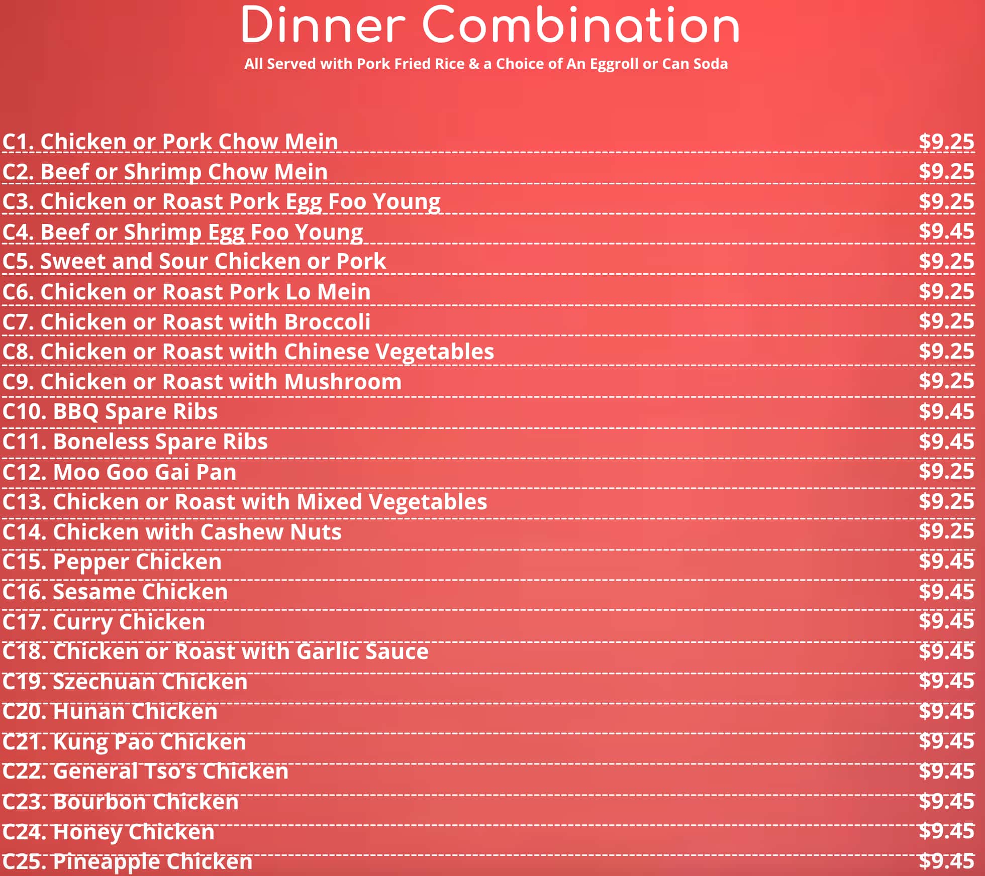 Yums Chinese Food Dinner Combination Menu