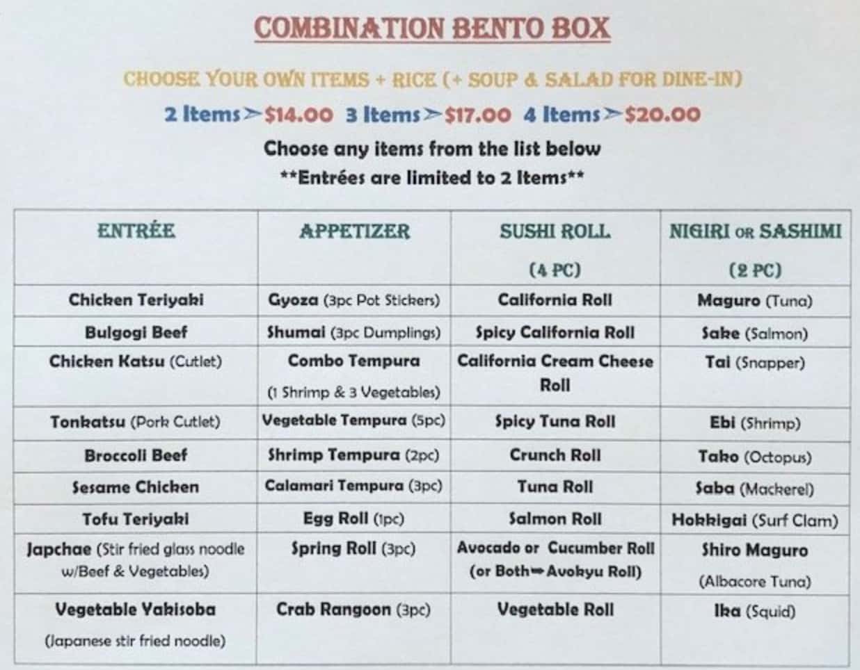 Zushi Combination Bento Box Menu