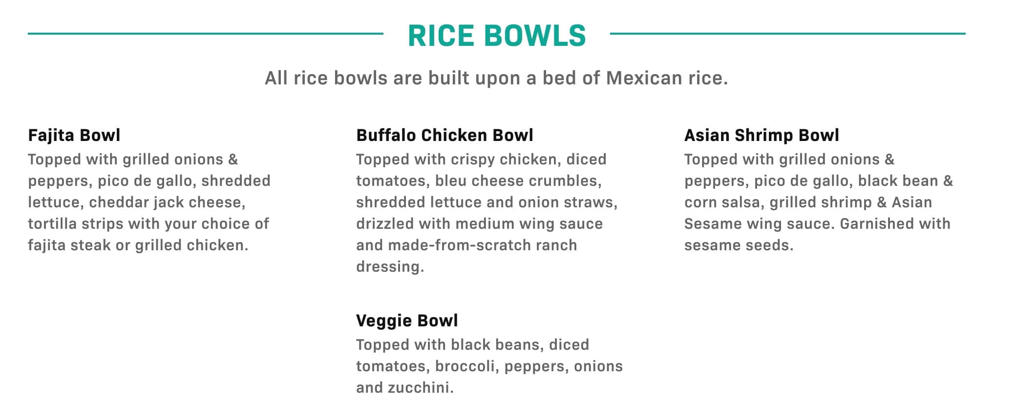 Buffalo's Rice Bowls Menu