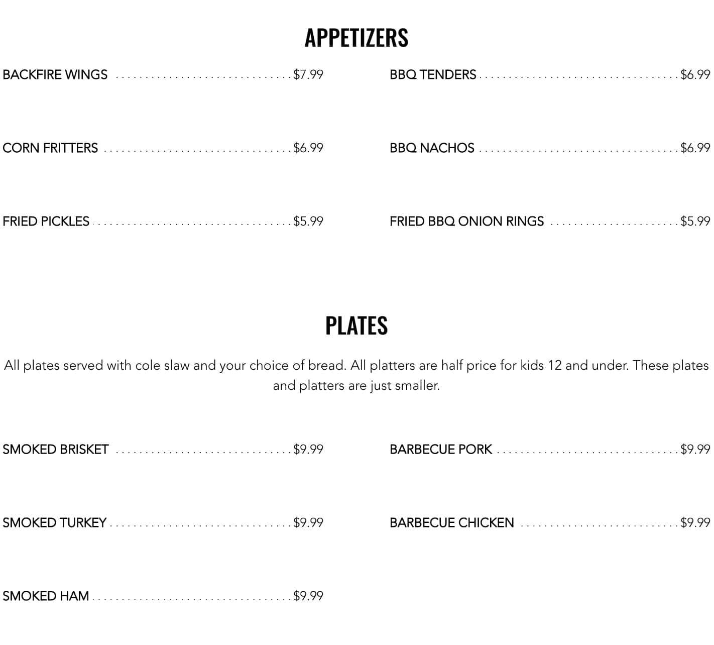 Country's Barbecue Platters Menu