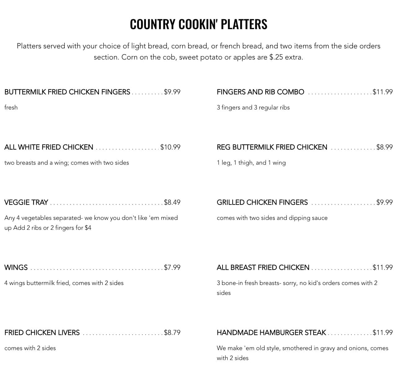 Country's Barbecue Country Cookin' Menu