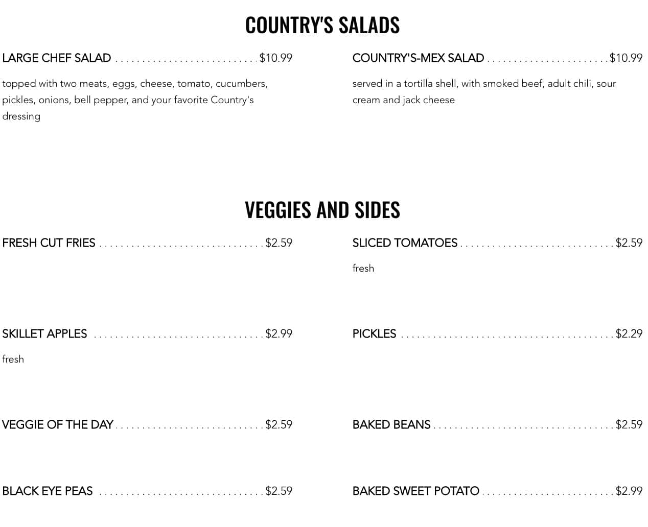 Country's Barbecue Country Cookin' Menu