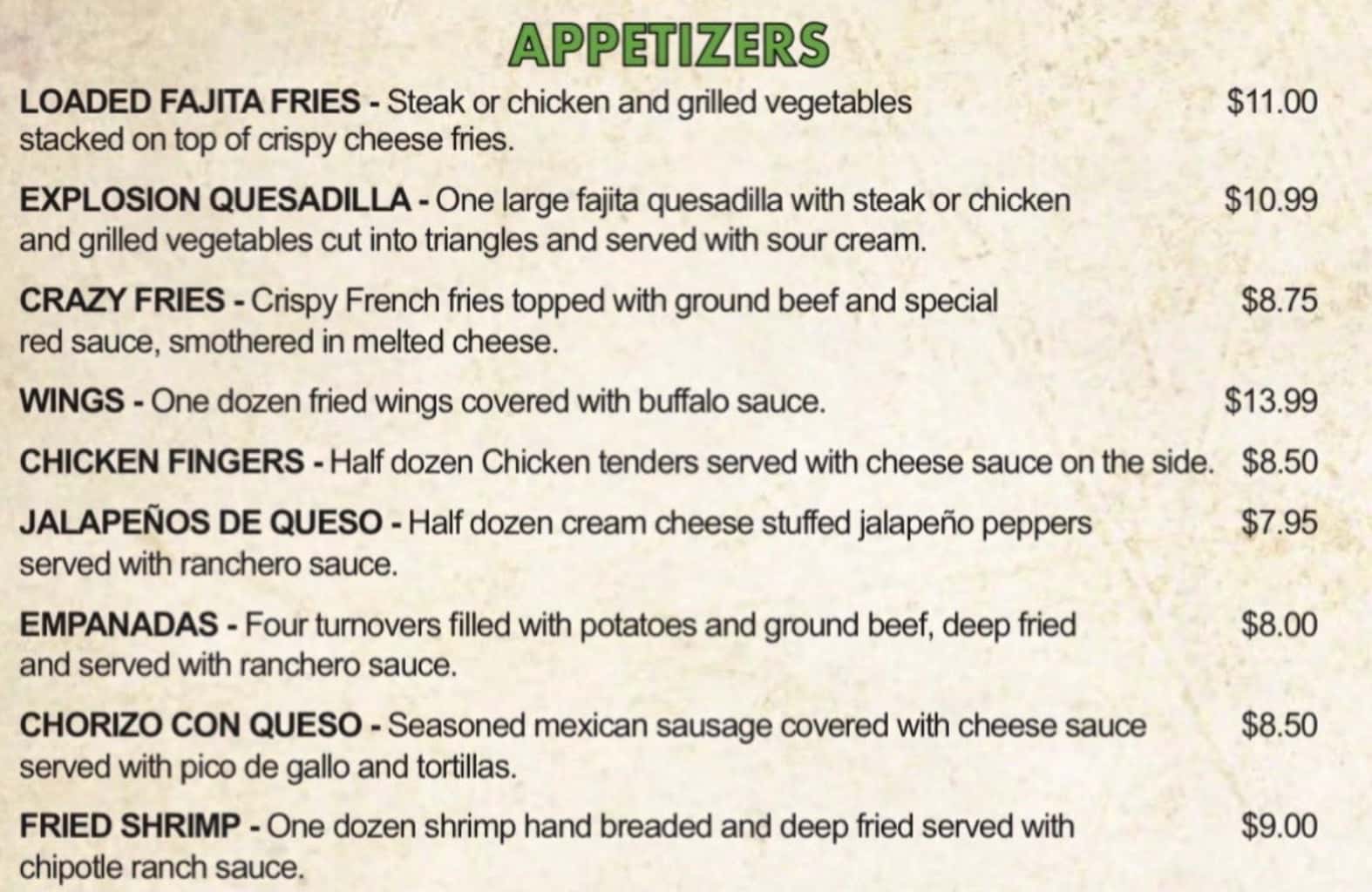 Jalapenos Mexican Grill Appetizers Menu