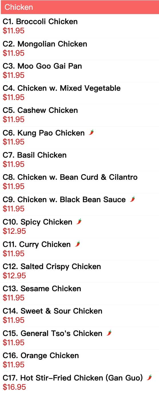 Mr Chen's Auth Cooking Chicken Menu